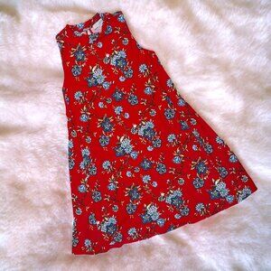 LOFT bright red short dress w blue flowers sleeveless 2-button closure